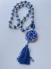 Chinese Porcelain Bead Necklace Shou Symbol Blue/White Vintage Knotted Beads 26” picture