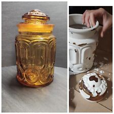 Medium Vintage LE Smith Moon and Stars Amber Glass Canister  Jar  Lid READ READ picture