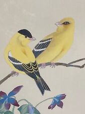 ANTIQUE FRAMED CHINESE HAND PAINTED BIRD FLOWERS ON SILK STUNNING 21.5X17.5” picture