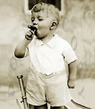 FANTASTIC ANTIQUE COMICAL 8X10 REPRO PHOTOGRAPH YOUNG BOY SMOKING A CIGAR # 2 picture