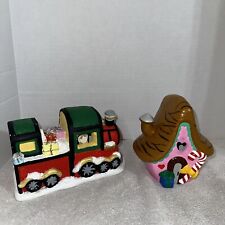 Lot/Set of 2 VTG Ceramic Christmas Candy House & Train ~ Hand Painted picture