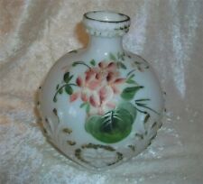 Antique Round Pink Floral White Milk Glass Lion Head Vanity Barber Bottle Vase picture
