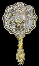 Vintage Art Nouveau Brass Hand Mirror Ornate Carved Flowers Leaves & Scrolls 10