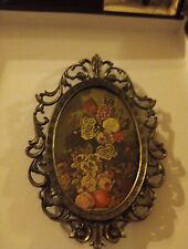 Vintage Floral Print Oval Metal Brass Picture Frame Made In Italy Rare Read picture