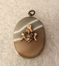 Estate Antique Mason Masonic Pendant Logo Mounted On Banded Agate Stone picture