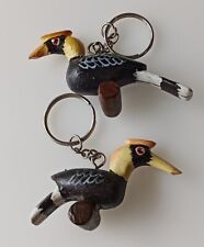 Two Great Hornbill Tropical Bird Painted Wooden Keychains picture
