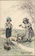 Easter Children Play Musical Instruments Dog Sheep c1900s-10s Postcard picture