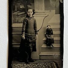 Antique Tintype Photograph Adorable Little Girl With Lively Doll On Steps Odd picture