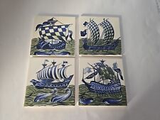 Vintage William De Morgan Style Blue White Sailing Ships Tiles, Lot Of 4 picture