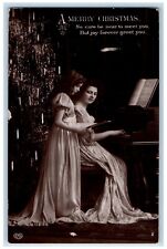 c1910's Merry Christmas Mother Daughter Playing Piano EAS RPPC Photo Postcard picture