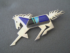 Southwestern Native American Multi-Stone Horse Inlay Sterling Silver Brooch Pin picture
