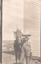 Vintage RPPC Postcard Cute Boy Overalls Hat Halter Baby Colt Filly picture