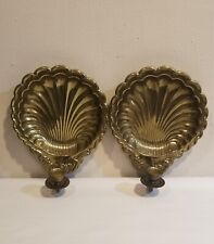 Vtg Pair Of Solid Brass Patina Ornate Clam Shell Wall Sconces Candle Holders picture