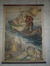 Original vintage pull down school chart Fairy tale about Fisherman and goldfish picture