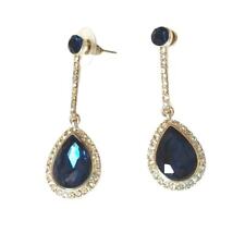 Pear Round Cut Navy Blue & Clear Crystal Dangle Drop Earrings Silver Plated Post picture