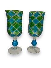 Pair of Blown Glass Harlequin Diamond Glasses Blue Green Water Wine Tea Candle picture