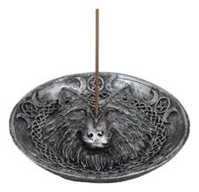 Wicca Celtic Knotwork Triple Moon Pentagram Gray Wolf Round Incense Holder picture