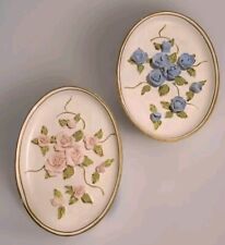 2 Vintage Lefton Japan flower Pink & Blue Raised Flower Plaques picture