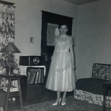 Pretty Woman In Prom Dress Standing By Radio B&W Photograph 4 x 4 picture