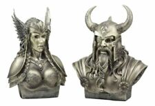 Norse Viking Mythology Chief God Odin And Goddess Valkyrie Busts Statue Set picture