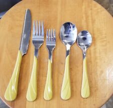 Fiesta Flatware 5 Pc Place Setting Yellow Swirl Stainless 1980s Homer Laughlin  picture