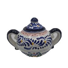 Hand Made Mexican Folk Art Pottery Sugar Bowl With Handles Signed picture