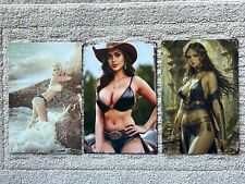 Sexy Cowgirl Beach Bikini 3 Tin Metal Sign Lot Mancave 8“ x 12“ All 3 Brand New picture