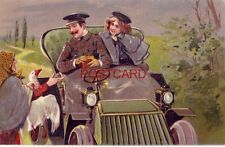 OLD WOMAN SELLING GOOSE TO PASSERS-BY IN ANTIQUE AUTOMOBILE - embossed picture