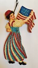 WOMAN in RED, WHITE & BLUE DRESS w/ FLAG - Glitter JULY 4,  PATRIOTIC ORNAMENT picture