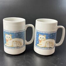 2 Vtg Otagiri Stoneware White Cat & Kitten Tall Coffee Mug Japan Baby Mamma Set picture