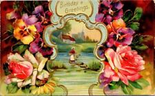vintage embossed postcard-Birthday Greetings flowers and countryside posted 1908 picture