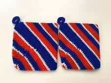 Crocheted Potholders Vtg 70s Red White Blue Striped Loops Kitchen Hot Pads Pair picture