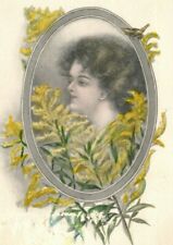 c1910 Woman in Yellow Flowers G&B Antique Handcolored Postcard picture