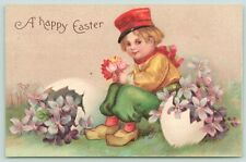 Clapsaddle Easter~Dutch Boy With Red Pink Tulip Bouquet~Violets in Egg Shells picture