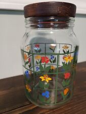Vintage Anchor Hock Glass Tulip Flower Pattern Jar Canister w/wooden lid 8
