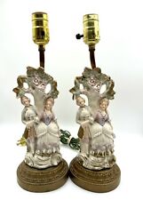 PAIR Antique Cordey Figural Porcelain French Renaissance Lamps Gold Base 14” picture