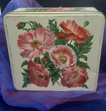 Large rare ENGLAND POPPY TIN floral biscuit? treasure box Vintage sturdy picture