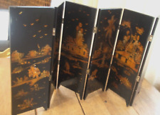 VTG Asian Black Lacquer 6 Panel Table Screen BIRDS & Flowers/RICE PADDY 12” tall picture