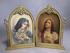 Double Hinged Stand Up ORNATE BRASS FRAME & Jesus and Mary Sacred Heart Prints picture