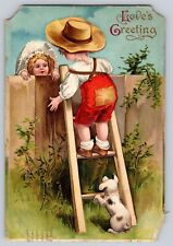Postcard Valentine's Day Unsigned Ellen Clapsaddle Childen Ladder Fence Dog 1910 picture