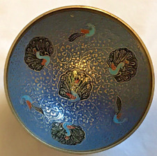 Vintage Peacock Enameled Brass Footed Small Blue Bowl Trinket Dish 4-5/8x2” VGUC picture