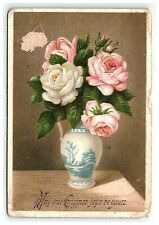 1883 May True Christmas Joys Be Yours Card Victorian Vase Pink White Roses picture