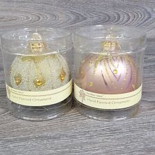Christmas House and Painted Ornaments Lot of Two Gold Pink Glitter Beaded New picture