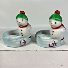2 Jasco Snowman Candle Huggers Bisque Porcelain Skating Winter Holiday Vintage picture