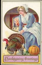 Postcard Antique Thanksgiving Greetings Pretty Pilgrim Woman Turkey Pumpkin 1912 picture