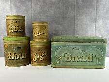 Vintage Rustic Metal Tin Canister Set & Wheat Heart Bread Box Lot Of 5 Pcs picture