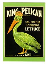 KING PELICAN~HISTORICAL 1930s CLARKSBURG CA CRATE LABEL ART~NEW 1981 POSTCARD picture