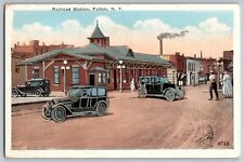 Fulton, New York NY - Vintage Cars at Railroad Station - Vintage Postcards picture