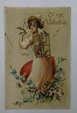Antique Embossed Postcard To My Valentine Day Card Doves Birds Flowers Lady picture