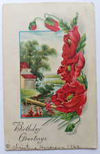 Antique 1922 Birthday Greetings House River Large Red Flowers Posted Postcard picture